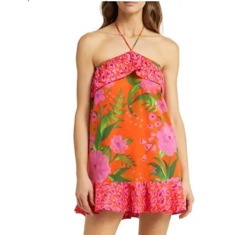 FARM Rio Vibrant Orange Dress with Pink and Green Floral Design
